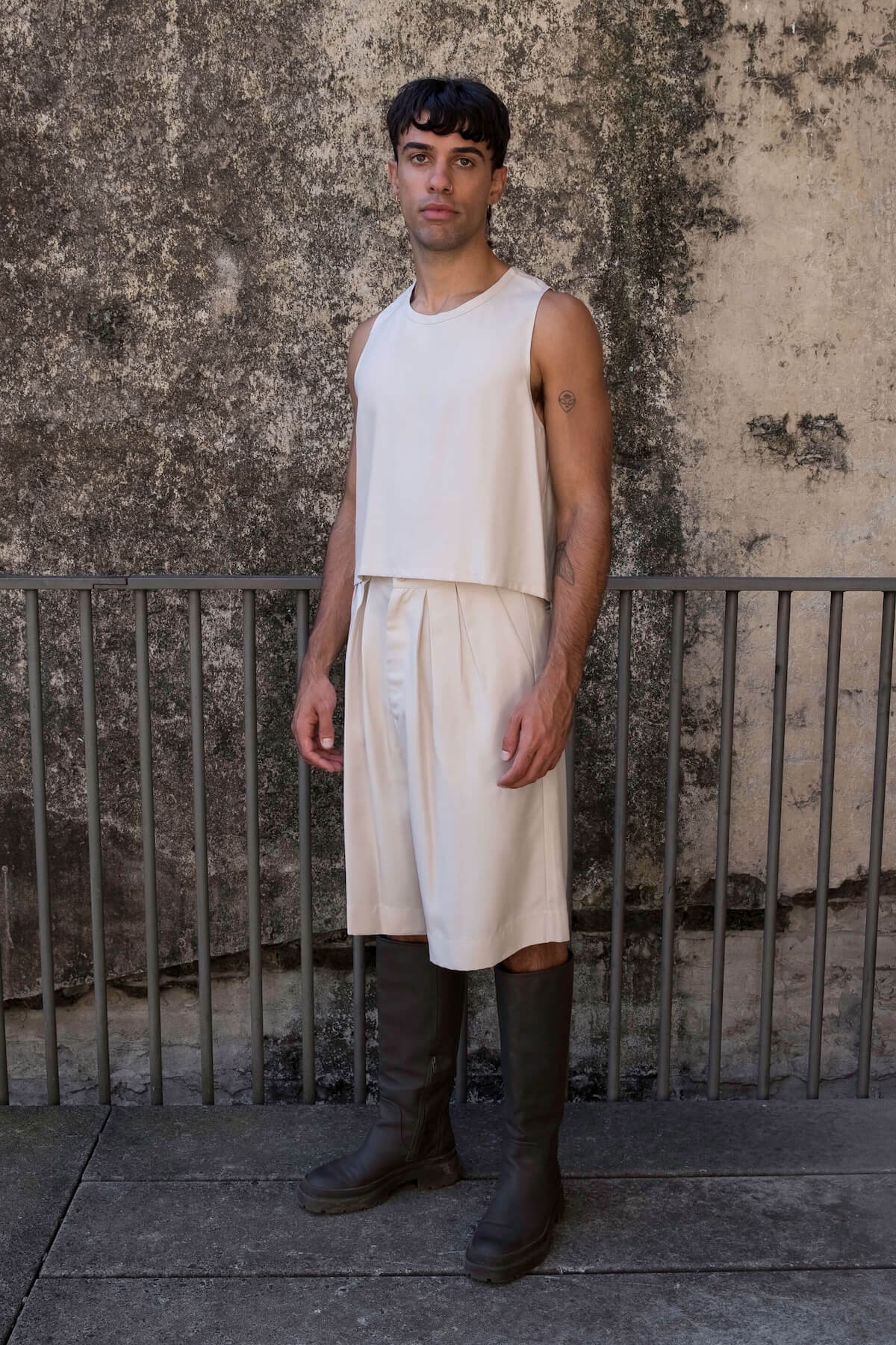 Cropped top for men and men's knee length shorts in mushroom