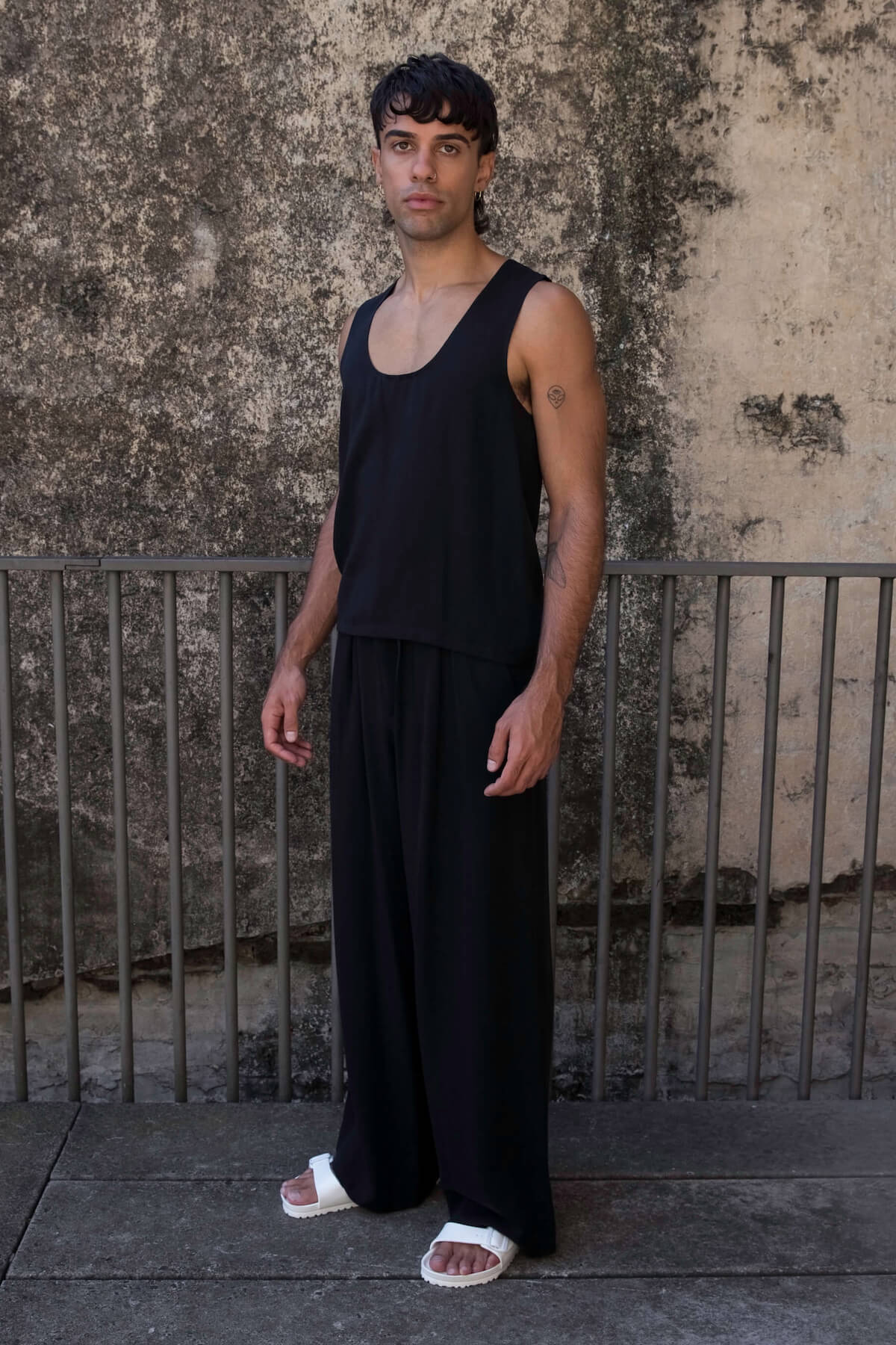 High waisted pants for men and black singlet